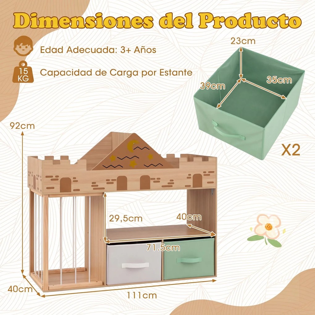 Estante Infantil em Forma de Castelo, 111 x 40 x 92 cm, Arrumação para Livros e Brinquedos, Natural
