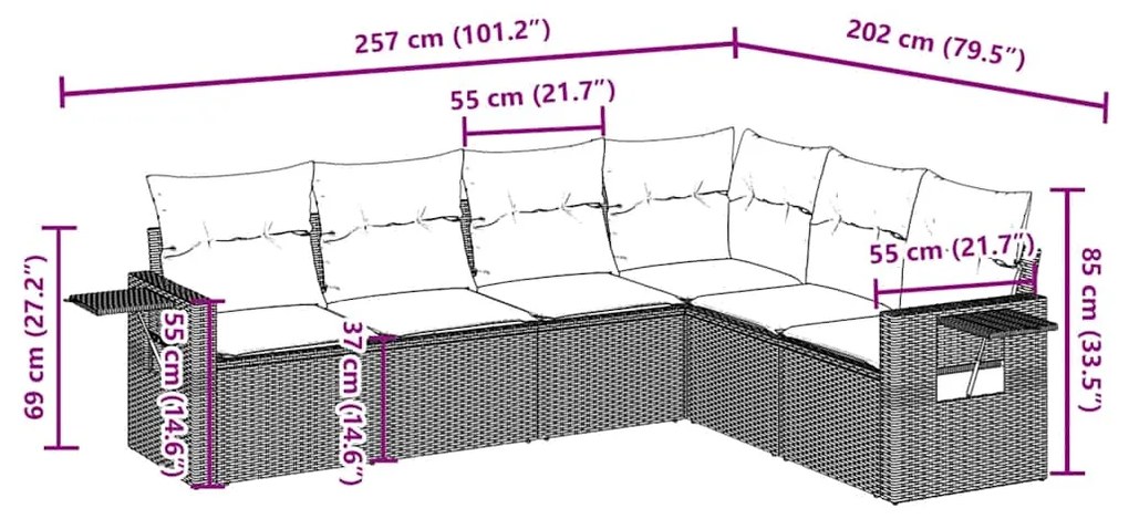 6 pcs conjunto de sofás jardim c/ almofadões vime PE castanho