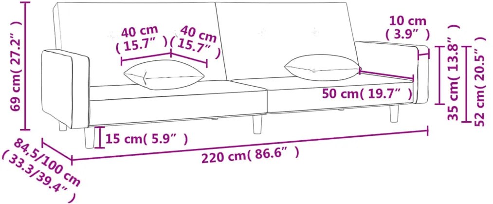 Sofá-cama 2 lugares com duas almofadas tecido preto