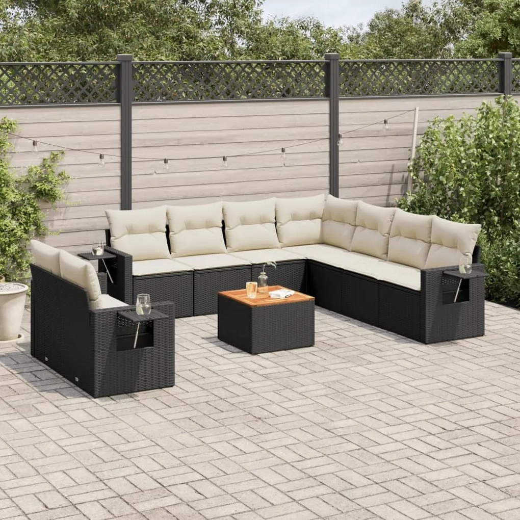 10 pcs conjunto sofás de jardim c/ almofadões vime PE preto