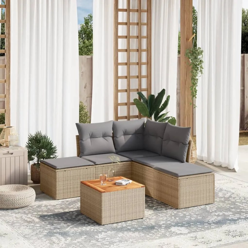 6 pcs conj. sofás jardim c/ almofadões vime PE bege misturado