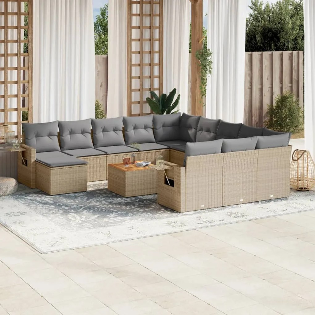 13 pcs conjunto de sofás p/ jardim com almofadões vime PE bege