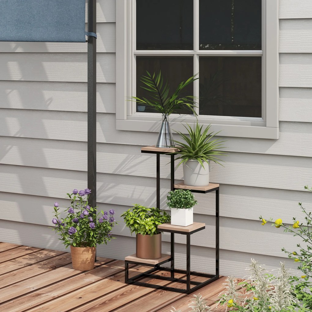 Estante para plantas e flores em metal e madeira 40 x 40 x 75,5 cm, com 4 níveis de alturas diferentes, estilo industrial preto e castanho