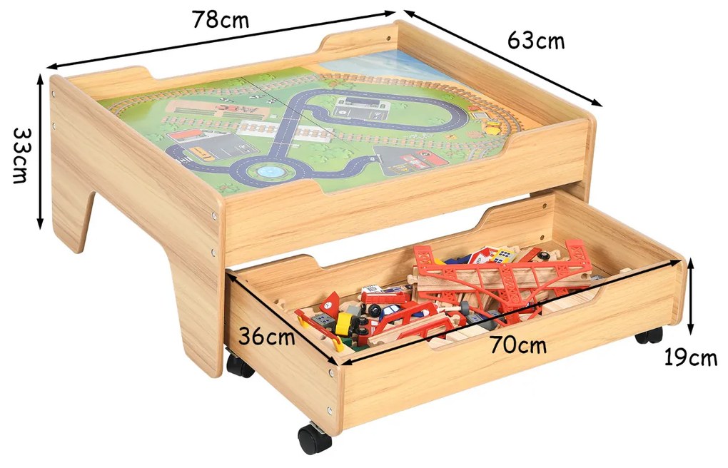 Conjunto de Mesa de Pista de Madeira para Crianças 100 Peças Mesa de Actividades e Gaveta com Rodas com Fecho Fácil de Montar Multicolorida