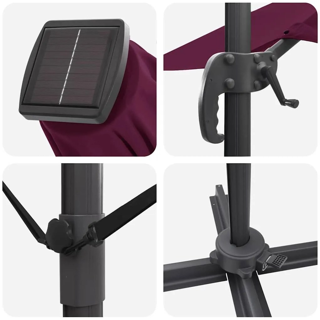 Parasol Cantilever Roma com LEDs Vermelho Bordeaux, 352 x 251 x 265 cm