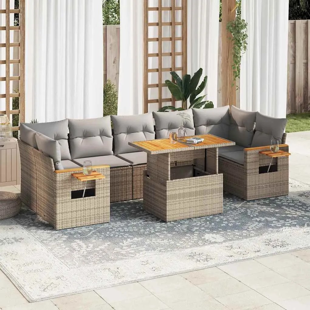 vidaXL 8 pcs conjunto sofás jardim com almofadões vime PE/acácia bege