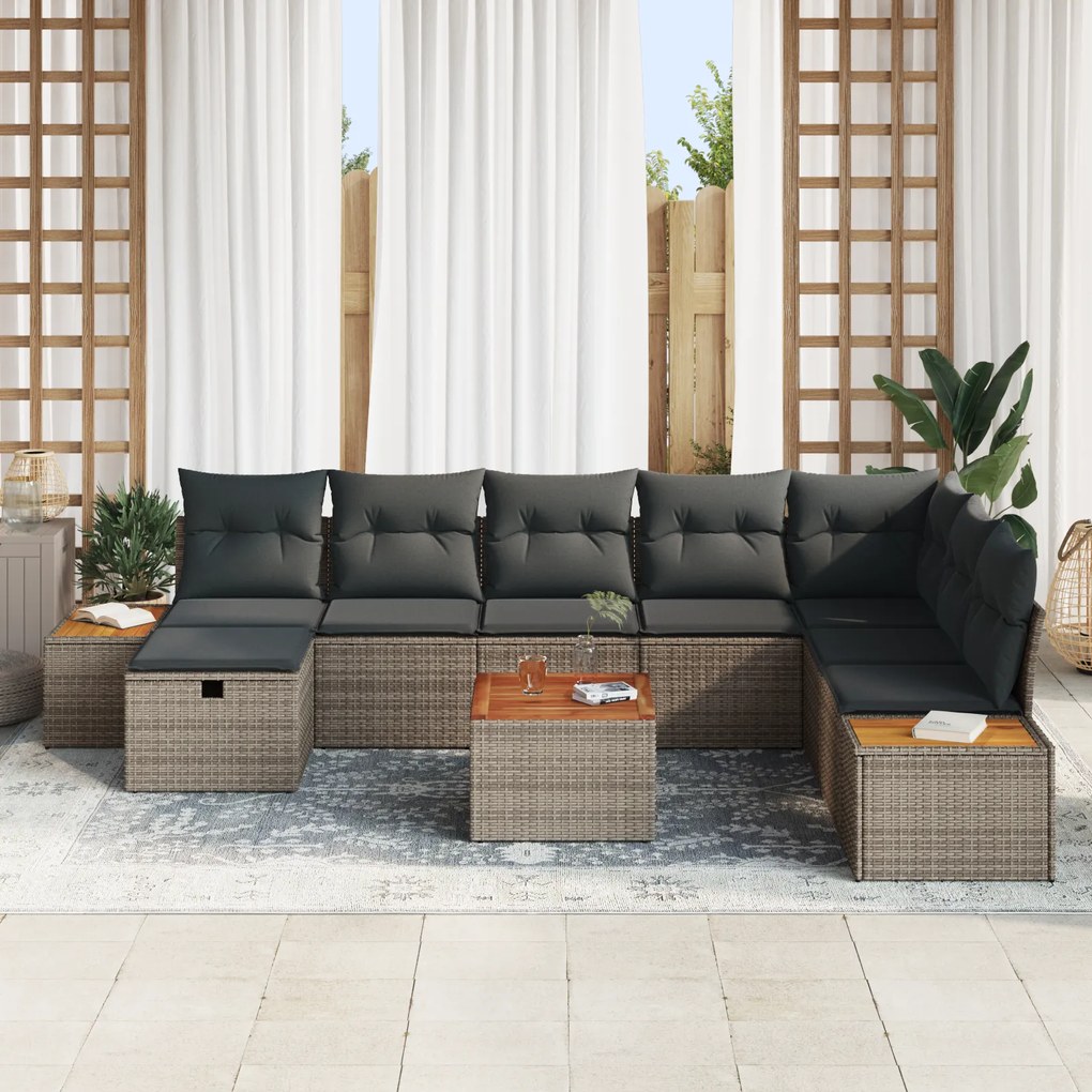 Conjunto de Sofá de Jardim de 9 Peças com Almofadas Cinza Rattan Polip