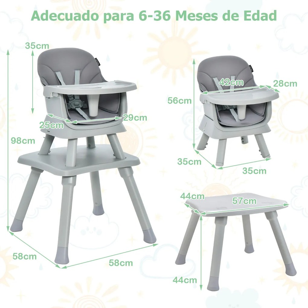 Cadeira refeiçoes bebés alta 6 em 1 convertível para bebé Cadeira de jantar Conjunto de mesa e cadeira para crianças com almofada para tabuleiro amoví