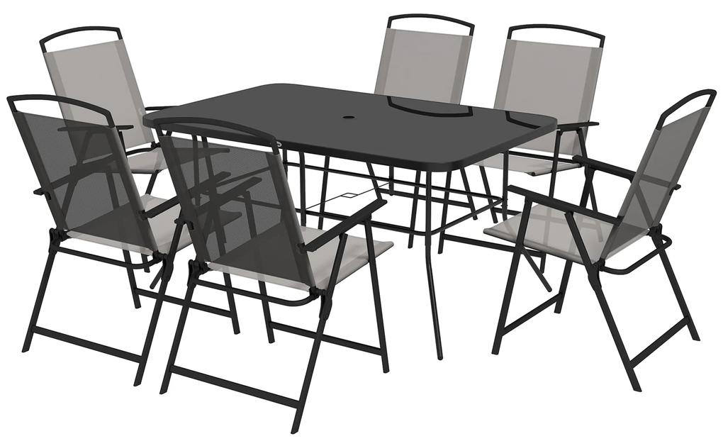 Conjunto de Refeição de 7 Peças com 6 Cadeiras Dobráveis e Mesa com Orifício para Chapéu de Sol para Terraço Exterior Cinza
