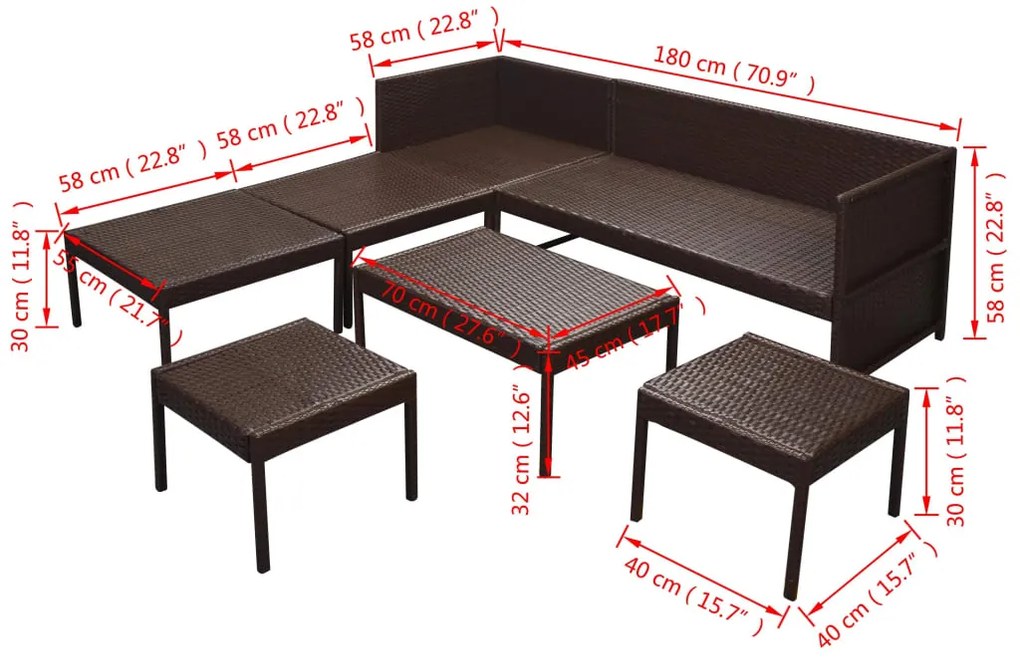 6 pcs conjunto lounge jardim c/ almofadões vime PE castanho