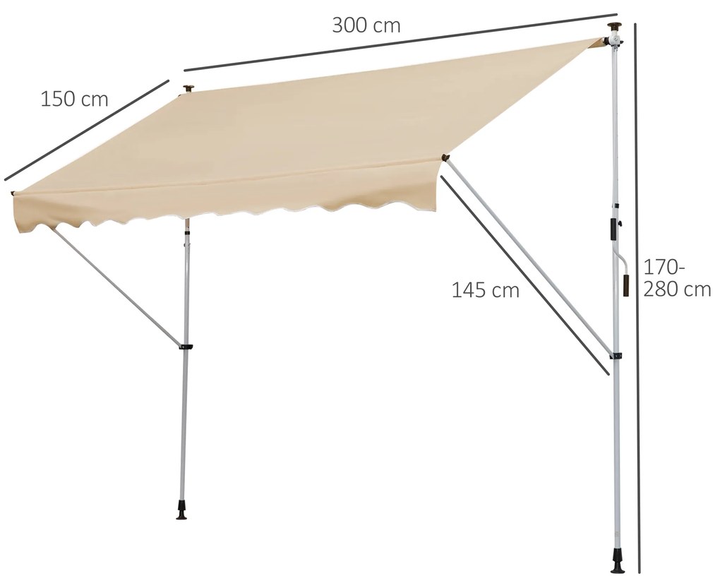 Toldo Portátil Pátio Varanda 3x1,5m Toldo Manual Dobrável de Alumínio Altura Regulável com Manivela para Terraço Jardim Bege