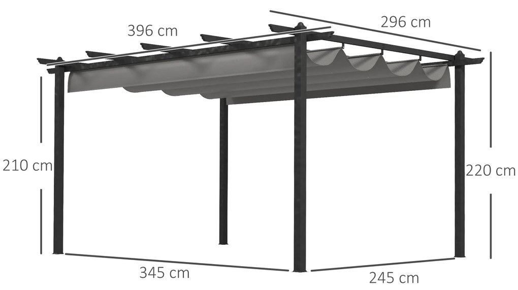 Pérgola de Jardim 3,96x2,96x2,2 m com Teto Retrátil Tecido de Poliéster e 8 Orifícios de Drenagem Cinza