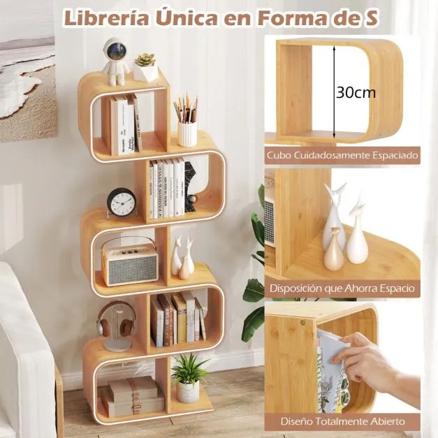 Estante em forma de S de bambu com 5 cubos abertos para sala, quarto, escritório 61 x 23 x 166 cm Natural