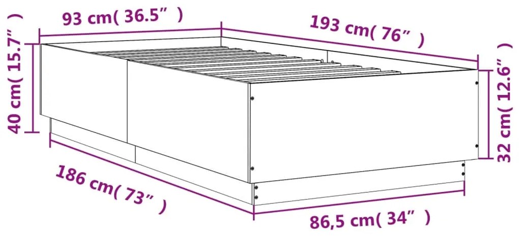 Estrutura cama 90x190 cm derivados de madeira carvalho fumado