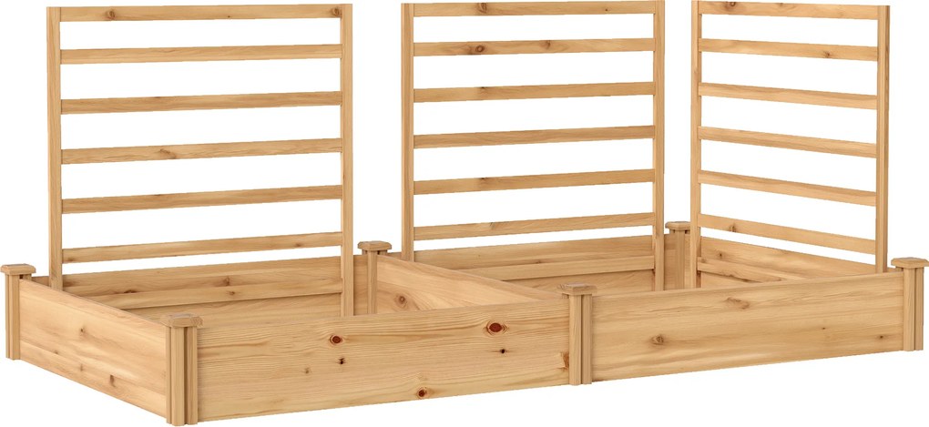 Outsunny Canteiro elevado com treliça Floreira de madeira com 3 treliças Divisória Base aberta 240 x 125 x 102 cm Madeira natural | Aosom Portugal
