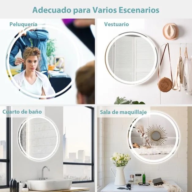 Espelho redondo LED de casa de banho de parede Função anti-embaciamento Cor ajustável Temperatura ajustável Interruptor tátil 60 x 60 cm