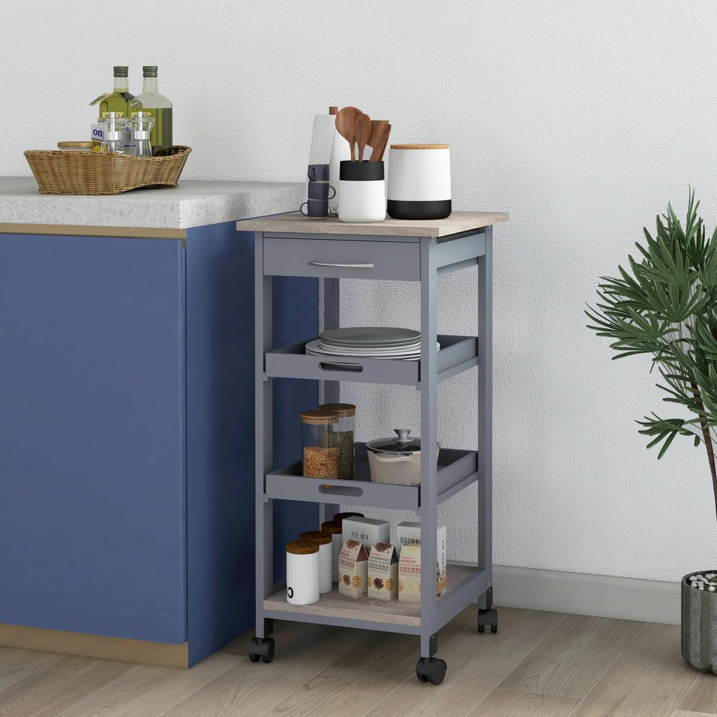 Carrinho de serviço de cozinha com rodas, 2 tabuleiros removíveis, gaveta e prateleira em carvalho claro e pinho cinzento