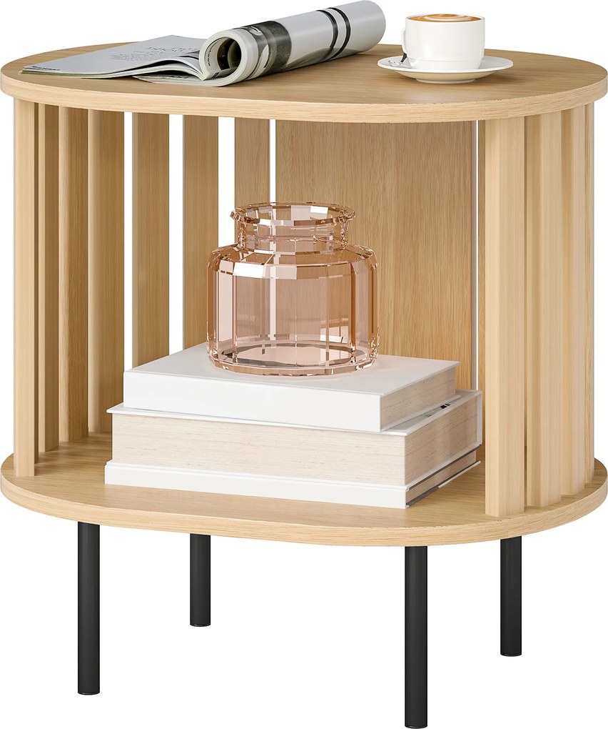 Mesa auxiliar oval 50x39x50 cm para colocar ao pé do sofá, com arrumação aberta, pés em aço com design em ripas, efeito de madeira natural