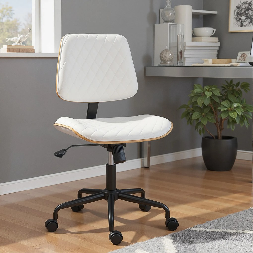 Cadeira de Escritório sem Braços Giratória Estofada em Couro Sintético com Encosto Curvado Assento em Forma de U Altura Ajustável Basculante 48,5x53x8