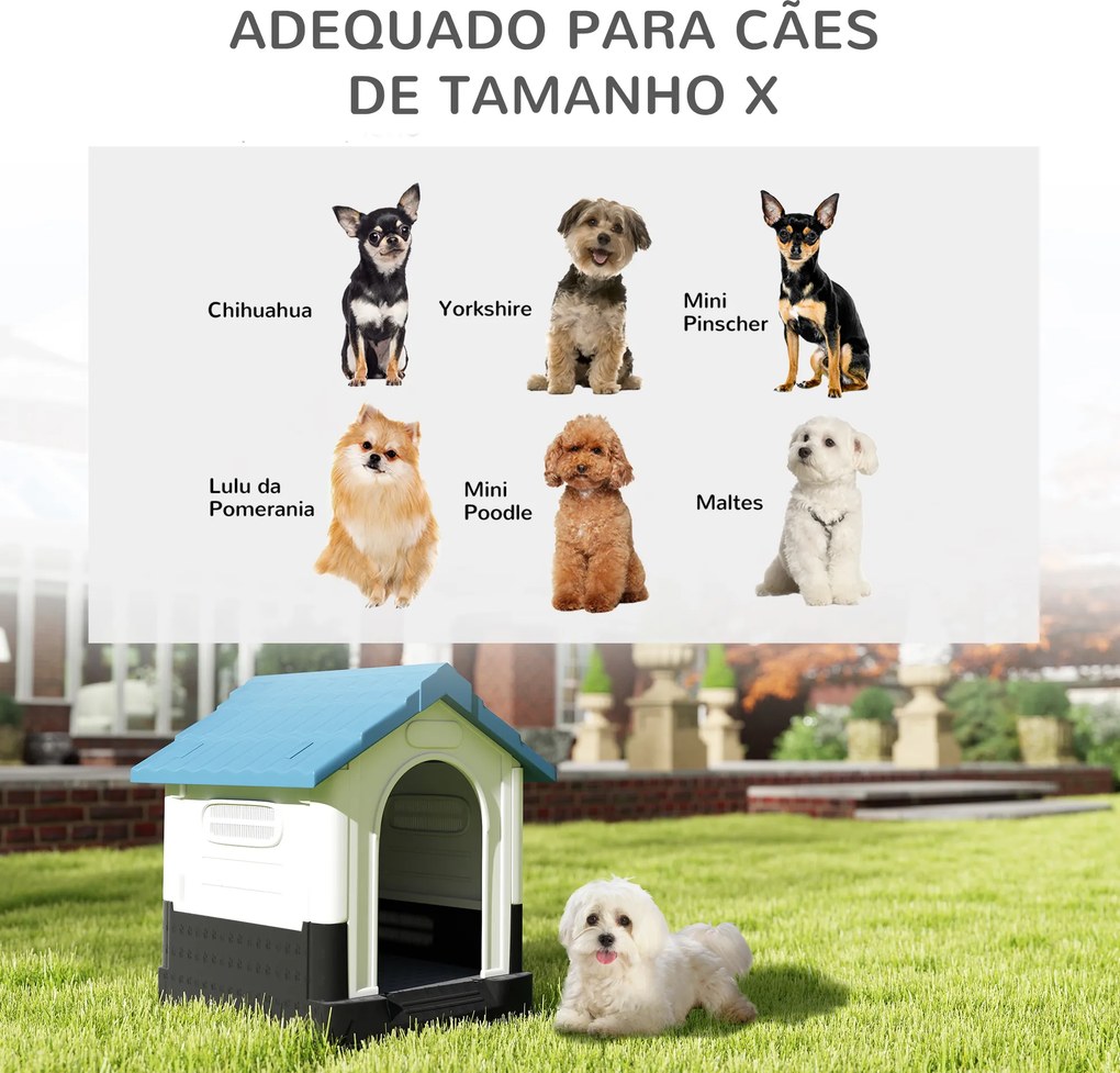 Casa para Cães Mini de Exterior em Plástico com 3 Janelas Base Elevada Telhado Inclinado 64,5x57x66 cm Azul