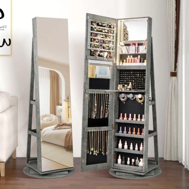 Armário giratório para joias 360° com espelho de corpo inteiro e luzes LED de 3 cores com fechadura Organizador de joias esverdeado