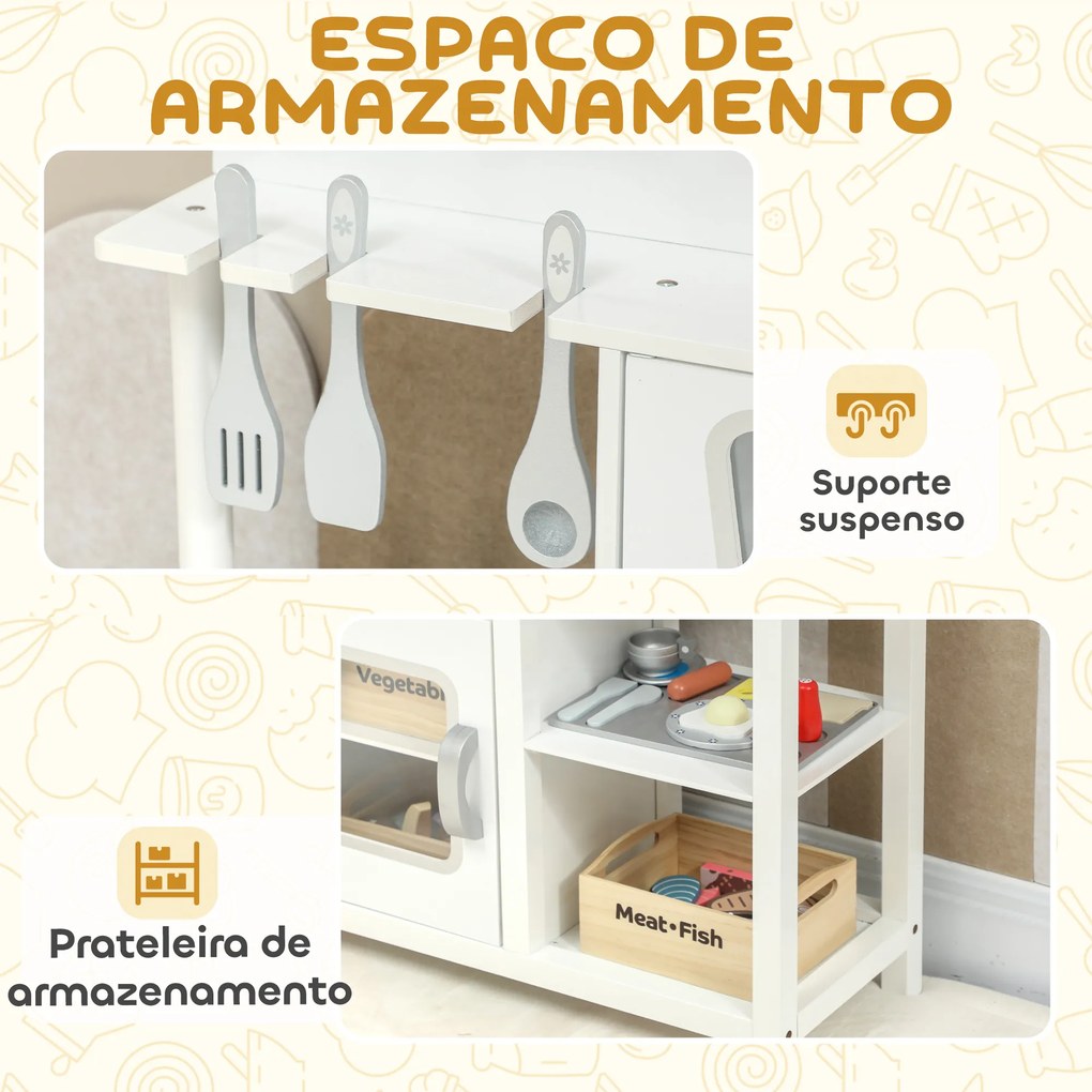 Cozinha de Brincar em Madeira com Som Acessórios Lava-Loiças Micro-Ondas e Fogão 55x24x86 cm Branco