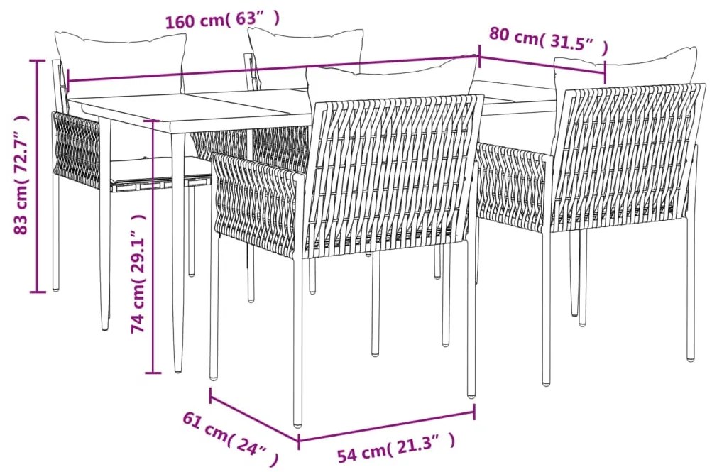 5 pcs conjunto de jantar p/ jardim c/ almofadões vime PE e aço