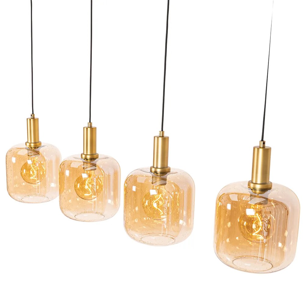 Candeeiro suspenso inteligente preto com latão e vidro âmbar 4 luzes incluindo 4 Wifi G95 - Zuzanna