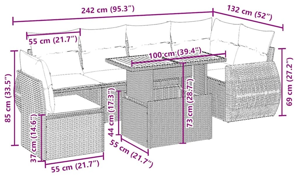 7 pcs conjunto de sofás p/ jardim com almofadões vime PE bege