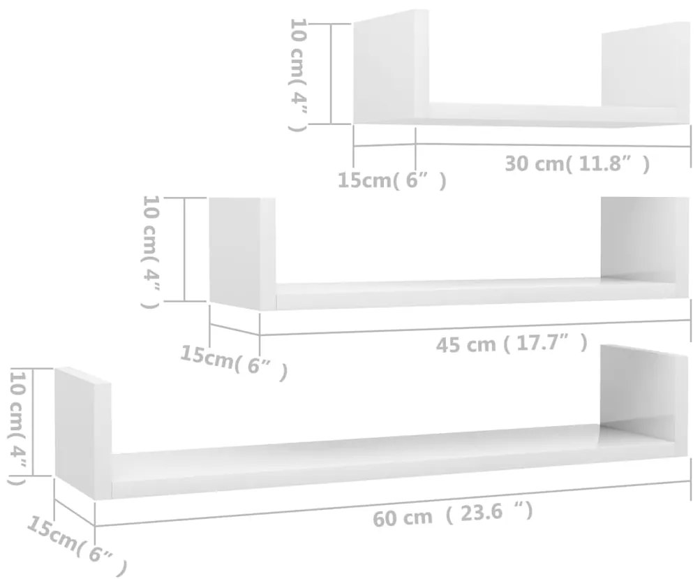 Prateleira de parede 3 pcs contraplacado branco brilhante