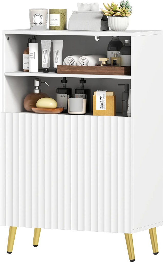 Móvel de casa de banho 60 x 31,8 x 93 cm, armário estreito de casa de banho com 5 prateleiras, portas caneladas com fecho suave, branco