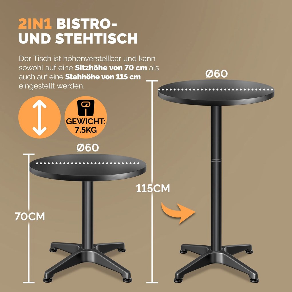 Conjunto de 2 mesas bar altas em alumínio preto Ø60cm dobrável, regulável em altura preta
