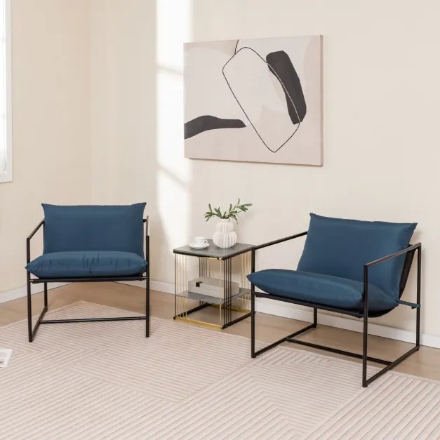 Conjunto de 2 Poltronas com Almofadas de Assento Sling Encosto Assento Tecido e Estrutura de Metal para Varanda 71 x 71 x 61 cm Azul + Preto