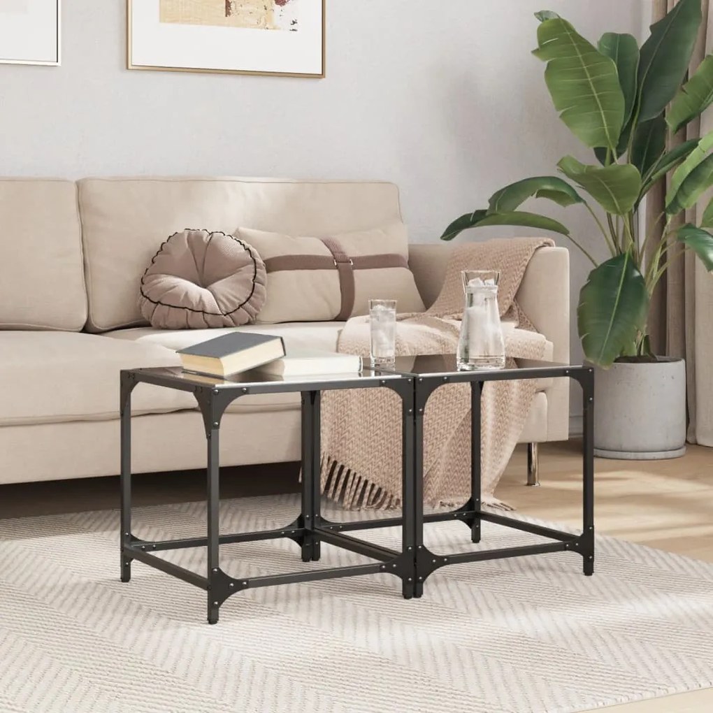 Mesas de centro c/ topo em vidro preto 2 pcs 40x40x40 cm aço