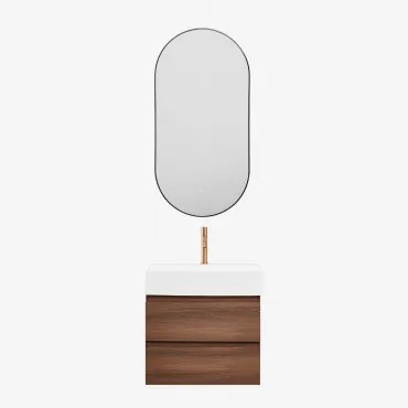 Conjunto De Móvel De Casa De Banho Em Madeira E Chapa De Freixo Com Lavatório Integrado Ona Madeira Escura & Ovale Led E Antifog Preto - Sklum