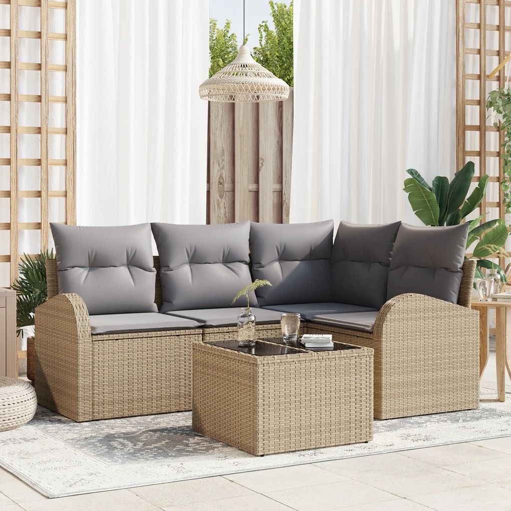 Conjunto de Sofá de Jardim vidaXL de 5 Peças com Almofadas Rattan Poliéster Preto