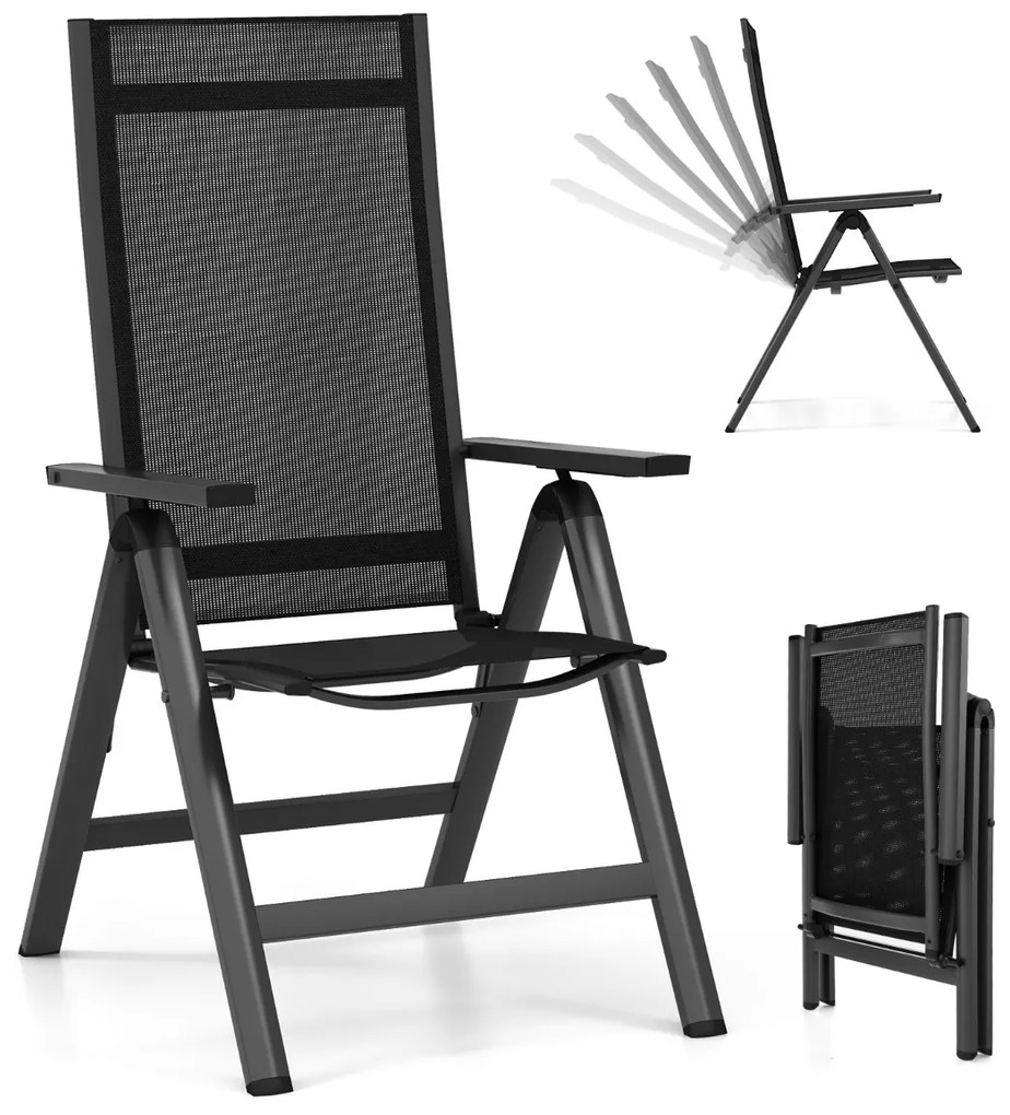 Conjunto de 2 cadeiras de jardim, alumínio, cadeira dobrável resistente às intempéries com encosto ajustável em 7 direções, preto