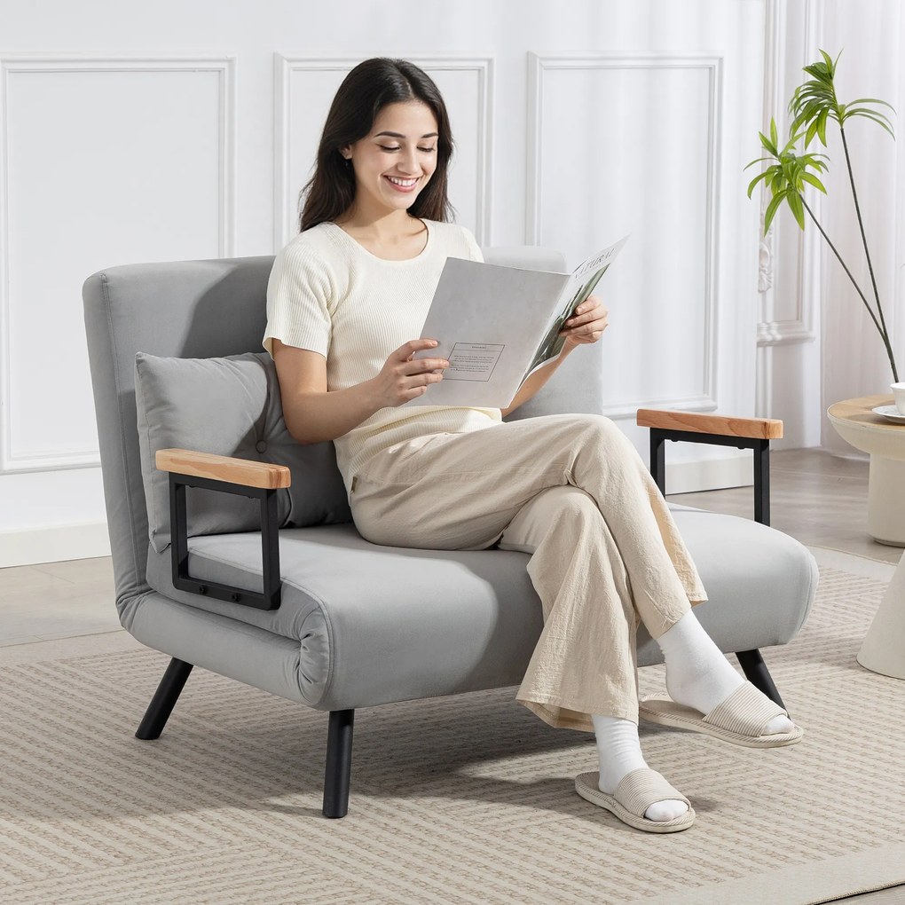 Sofá Cama Sofá Convertível em Cama de 2 Lugares Dobrável com Encosto Ajustável em 5 Níveis e 2 Almofadas 102x73x81 cm Cinza