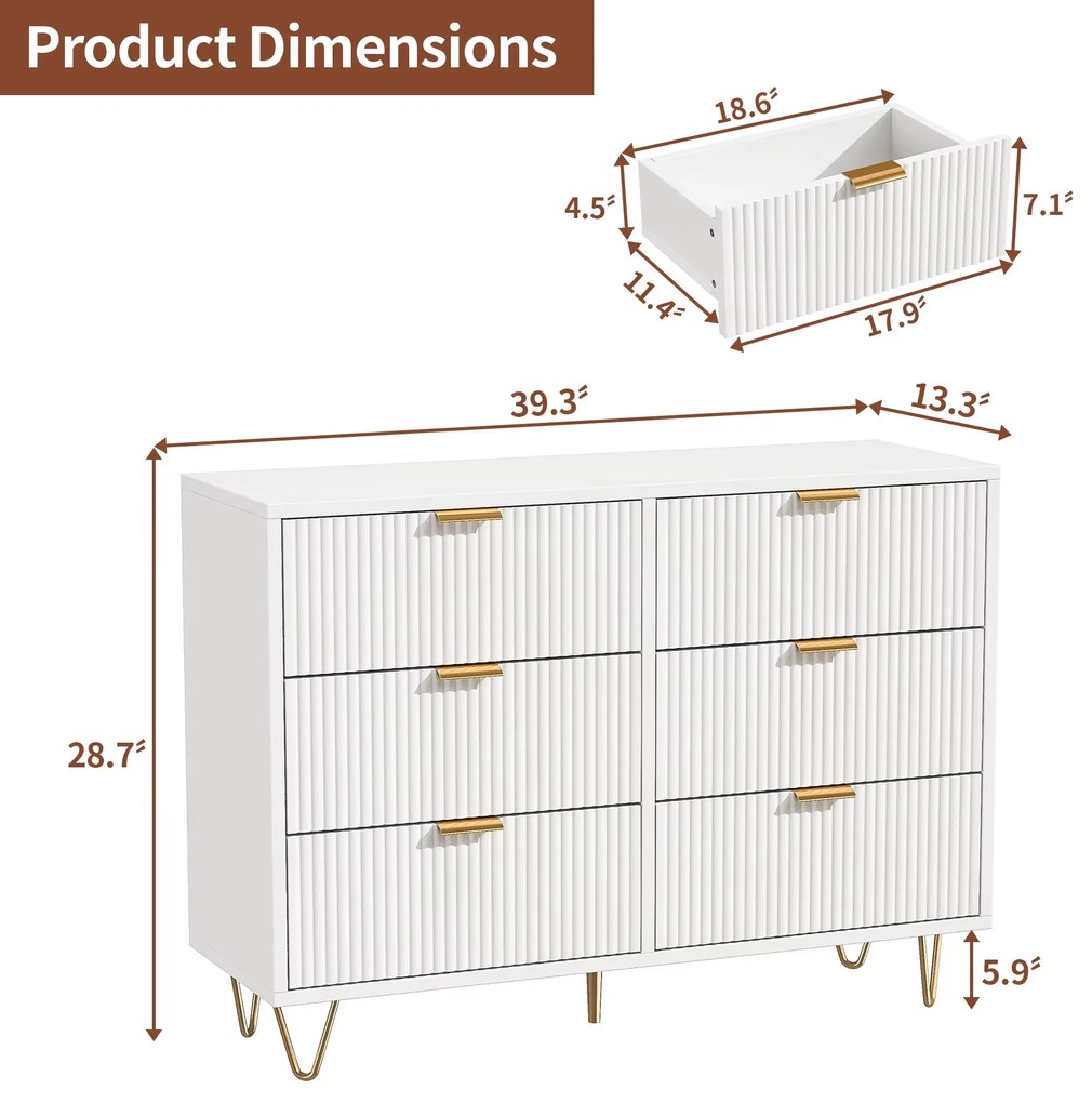 Cómoda com 6 Gavetas – Coimbra – 100x72x34 cm - Branco e Dourado - Des