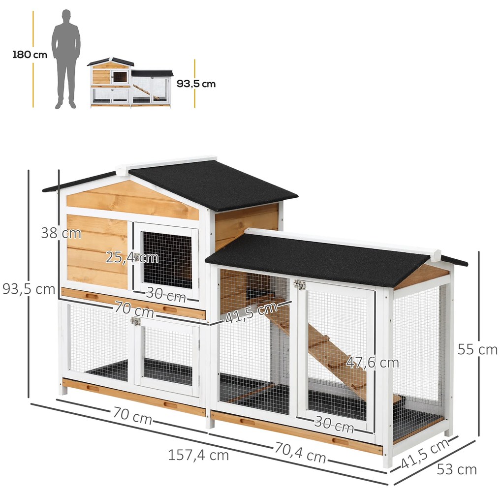 Coelheira de Madeira Exterior Gaiola para Coelhos de 2 Níveis com Teto Asfáltico 2 Cercados de Metal Bandeja Removível 3 Portas e Rampa 157,4x53x93,5c