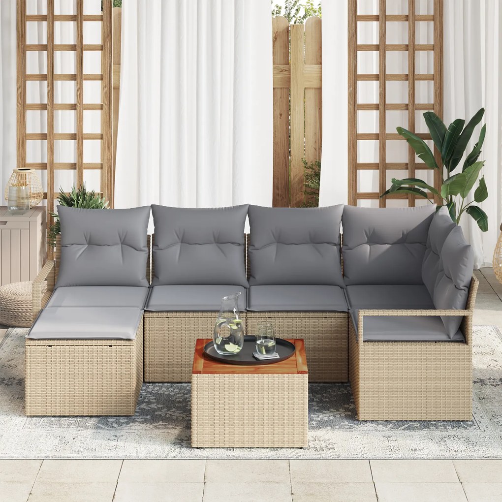 Conjunto de Sofás de Jardim de 7 peças com Almofadas Bege Rattan Acáci
