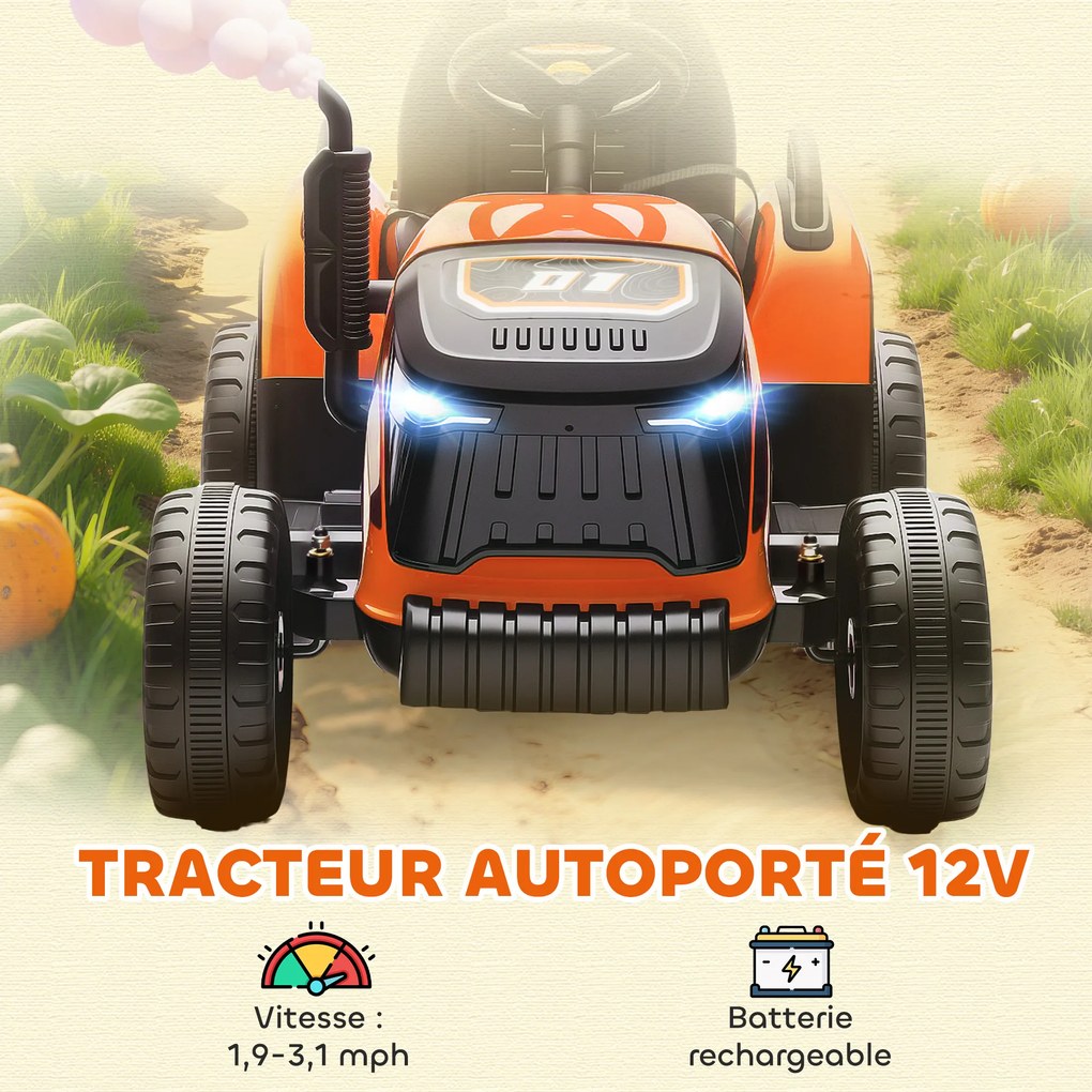 Trator elétrico para crianças com reboque amovível, comando à distância de 2,4 GHz, 139 x 58 x 55 cm, laranja