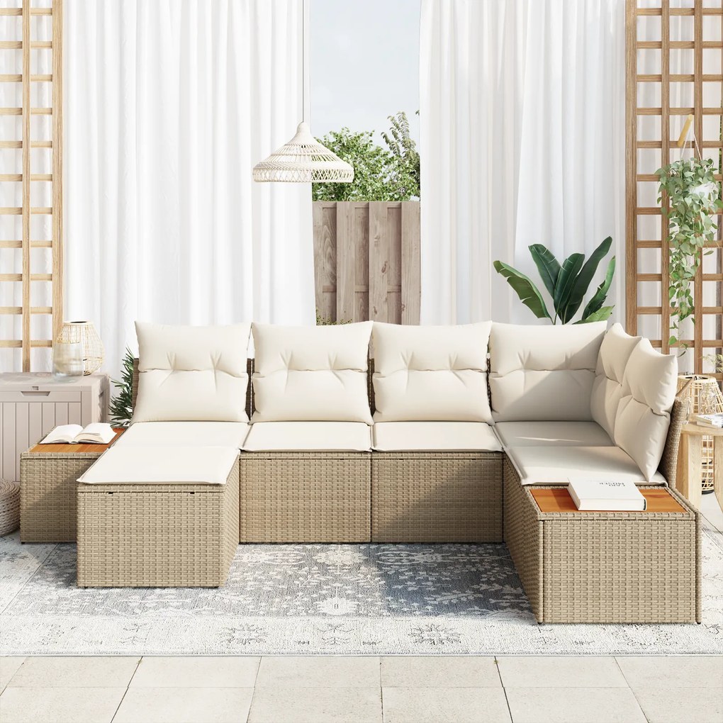 Conjunto de Sofá de Jardim de 6 Peças com Almofadas Bege Vime Sintétic