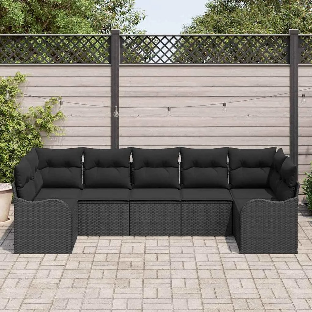 Conjunto de Sofás de Jardim de 7 Peças com Almofadas Preto Rattan Poli