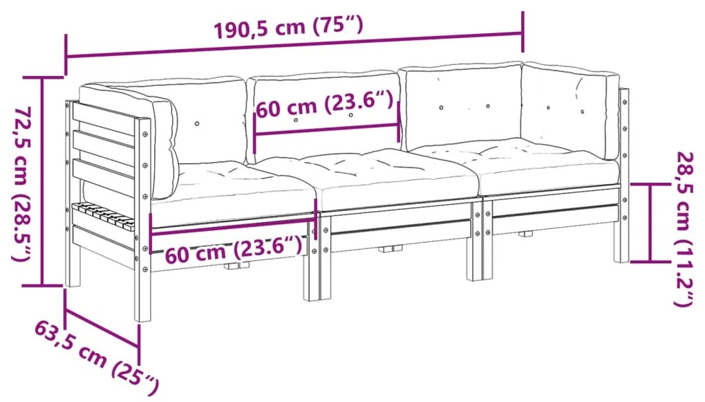 3 pcs conj. sofás jardim almofadões pinho maciço castanho cera