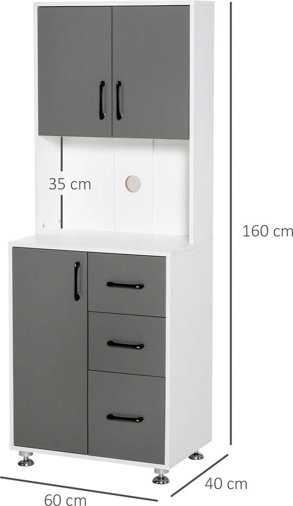 Armário alto de cozinha com 3 portas, 3 gavetas e bancada 60 x 40 x 160 cm, cinzento