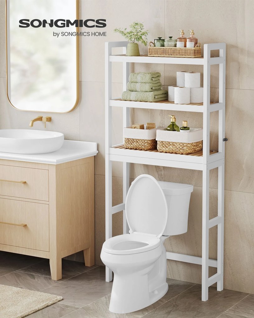 Estante de casa de banho 26 x 63 x 170 cm de 3 andares em bambu branco e cor natural
