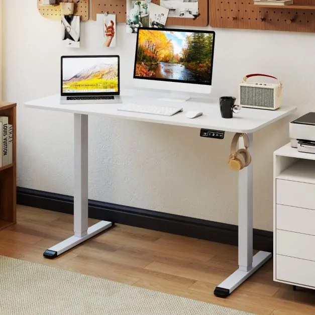 Secretária elétrica ajustável em altura 120 x 60 x 73-118 cm para trabalhar em pé e sentado com gancho para auscultadores Memória de alturas Branco