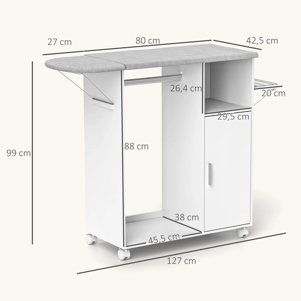 Móvel de Engomar de Madeira com Rodas Barra para Pendurar Roupa Prateleira Aberta e Tábua Dobrável 107x42,5x99 cm Branco