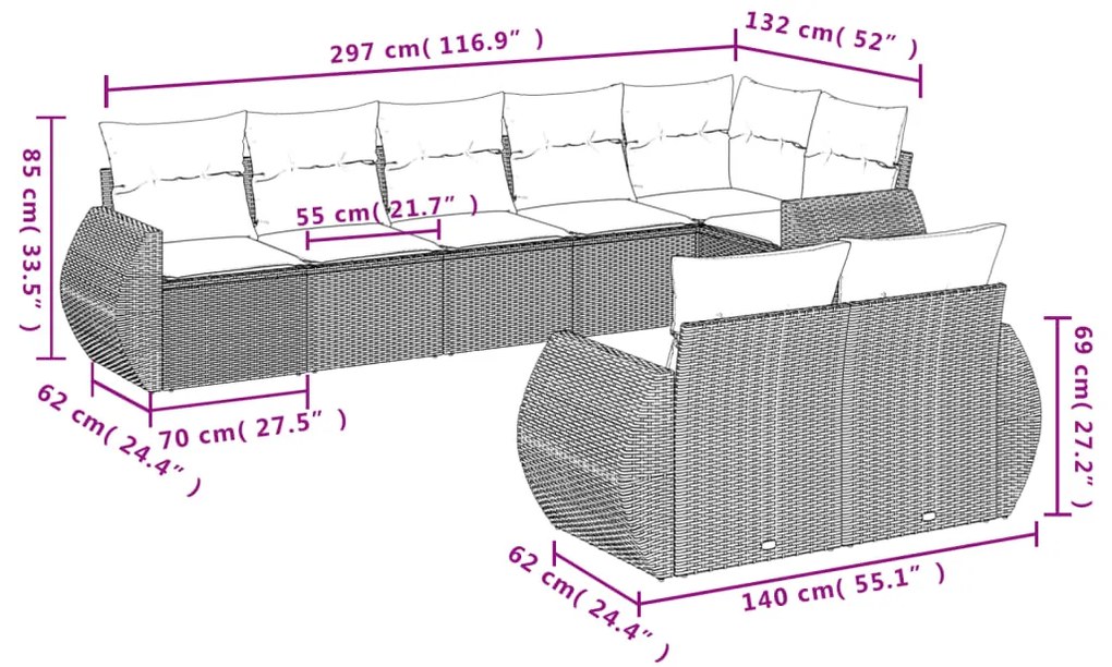8 pcs conjunto sofás de jardim c/ almofadões vime PE cinzento